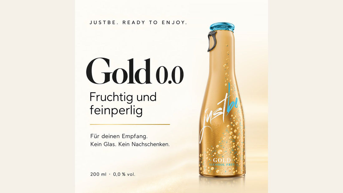 JustBe Gold 0.0 in der 200-ml-Aluflasche mit vollständig sichtbarer Produktbotschaft