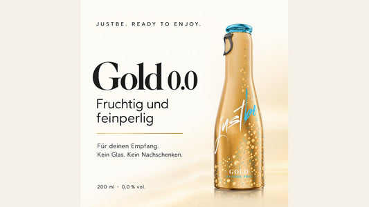 JustBe Gold 0.0 in der 200-ml-Aluflasche mit vollständig sichtbarer Produktbotschaft